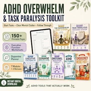 Può includere: Un kit di strumenti digitale intitolato ADHD Overwhelm & Task Paralysis Toolkit con oltre 150 pagine stampabili, fogli di lavoro per le funzioni esecutive e un pianificatore di dopamina, inclusi sette moduli e tre bonus aggiuntivi.