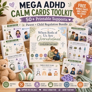 Könnte beinhalten: Ein Set druckbarer ADHD-Beruhigungskarten und -Werkzeuge für Eltern und Kinder. Das Kit enthält verschiedene Karten, einen Familien-Reset-Plan und Bonusseiten. Die Karten zeigen Illustrationen und Text, um Gefühle zu bewältigen und Verbindungen aufzubauen.