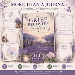 May include: A grief recovery workbook titled More Than A Journal, featuring a lavender field landscape cover. The set includes printable pages for memory reflection, a 30-day healing challenge, a loss story, a self-care assessment, and a milestone tracker.