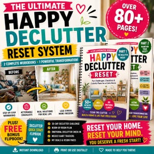 Puede incluir: Un conjunto de libros de trabajo en espiral titulado The Ultimate Happy Declutter Reset System, que contiene más de 80 páginas de listas de verificación, actividades y planes habitación por habitación. La portada muestra fotos de antes y después.