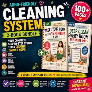 Può includere: Un set di 2 libri intitolato ADHD-Friendly Cleaning System, che comprende due volumi rilegati a spirale: Reset Your Home in Just 15 Minutes a Day e Deep Clean Every Room the Right Way. Il set include oltre 100 pagine di liste di controllo.