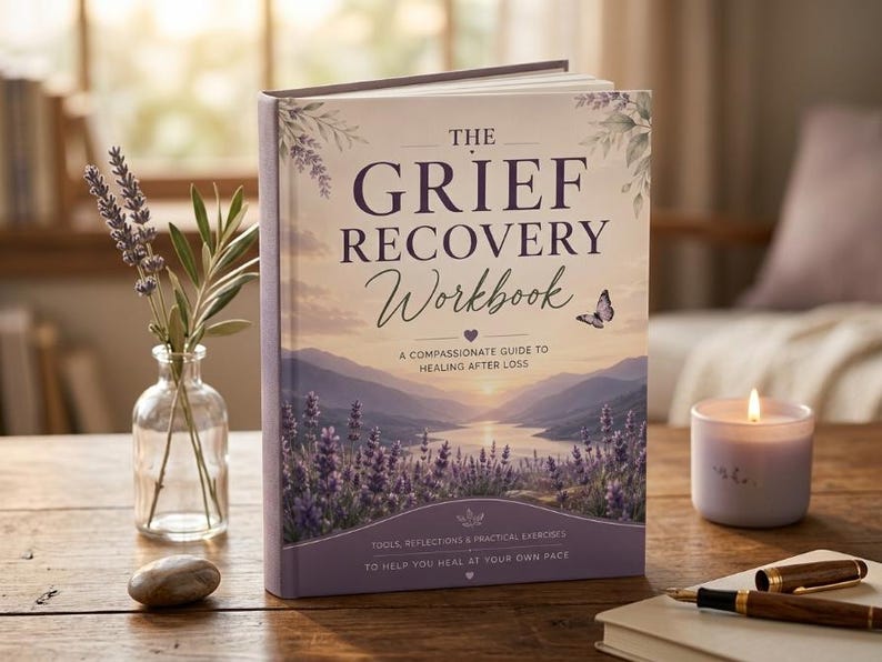 May include: A hardback book titled The Grief Recovery Workbook: A Compassionate Guide to Healing After Loss. The cover features a landscape of lavender fields and a lake at sunset, with a small butterfly, text, and purple accents.