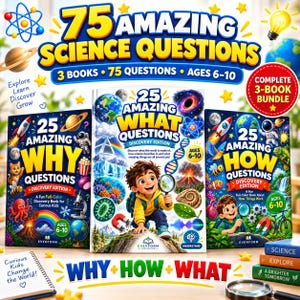 Può includere: Un set di tre libri intitolato 75 Amazing Science Questions, che include i volumi 25 Amazing Why Questions, 25 Amazing What Questions e 25 Amazing How Questions. Le copertine mostrano illustrazioni colorate dello spazio, della natura e di bambini.