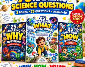75 Science Questions for Kids Bundle, 3 Digital PDF Books, Why How, What, STEM Learning, Homeschool Science, Ages 6-10