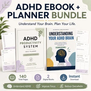 Puede incluir: Un paquete de libro electrónico y agenda para TDAH con dos libros titulados ADHD Productivity System y Understanding Your ADHD Brain. El conjunto incluye páginas de agenda diaria y semanal con texto, tonos pastel y una ilustración de cerebro.