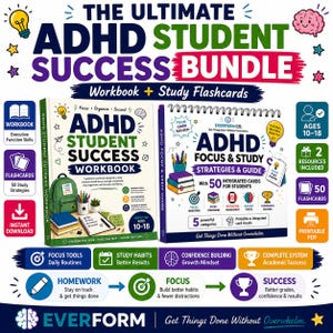 May include: The Ultimate ADHD Student Success Bundle includes a workbook and study flashcards. The cover features the text ADHD Student Success Workbook and ADHD Focus & Study Strategies & Guide, with colorful icons, illustrations, and educational labels.