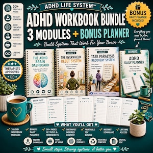 Pode incluir: Um pacote de cadernos de exercícios ADHD Life System com três módulos e um planejador diário bônus. O conjunto inclui páginas imprimíveis, um painel cerebral, um sistema de redefinição e um sistema de recuperação de tarefas.