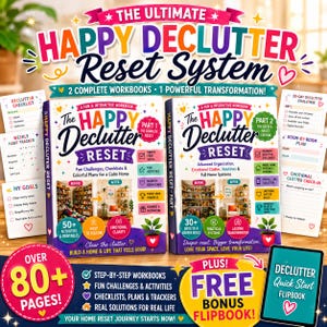 以下が含まれることがあります： 「The Happy Declutter Reset」というタイトルの2冊のワークブック。テキストは「The Ultimate Happy Declutter Reset System」です。ワークブックは、チェックリスト、課題、家の整理計画を提供します。無料のボーナスフリップブックも含まれています。