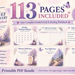 May include: A 113-page printable PDF grief recovery workbook featuring lavender floral illustrations, a lantern, and a butterfly. The bundle includes a 30-day healing challenge, self-care tracker, milestone tracker, memory reflection, fear reflection, and my loss story pages.