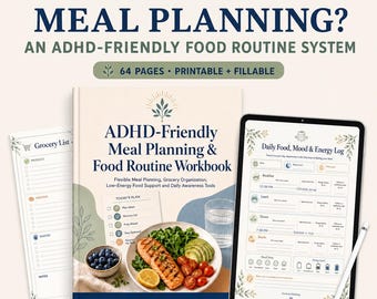 ADHD Meal Planning Workbook, Printable Fillable PDF, Food Routine Tracker, Grocery List, Low-Energy Tools