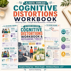 Könnte beinhalten: Ein digitales Arbeitsbuch mit dem Titel Cognitive Distortions Workbook & Reframing Toolkit. Das Cover zeigt eine Person auf einem Weg zwischen einer dunklen, chaotischen Landschaft und einer sonnigen Wiese, umgeben von verschiedenen Arbeitsblättern.