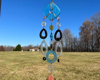 Wind chime, Recycled Glass, blue, brown, gold, clear, copper