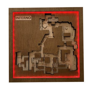 Puede incluir: Un mapa de madera del nivel Inferno de un videojuego, con la palabra "INFERNO" en la parte superior. El mapa es marrón con detalles grabados y un borde LED rojo. El mapa incluye áreas etiquetadas como "Church" y "Truck".