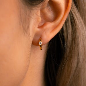 Single Diamond Huggie Earrings, Solitaire Diamond Hoops, Tiny Hoop Earrings, Gold Earrings, Crystal Earrings, Anniversary Gift for Her