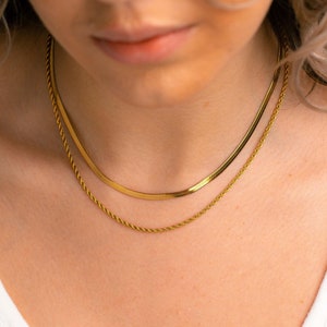 Layered Gold Chain Necklace, Minimalist Necklace Set, Double Chain Necklace, Combined Herringbone Chain and Rope Chain Necklace