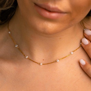 Pearl Gold Necklace, Genuine Freshwater Pearl Necklace, Pearl Station Necklace, Beaded Gold Chain, Wedding Necklace, Bridal Necklace