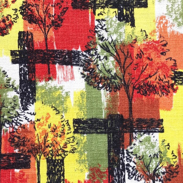 Vintage 60s Barkcloth Fabric Tree Design Mid Century 50s Botanical Fall Autumn trees 1/2 yard