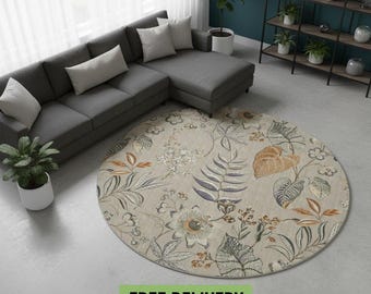 Botanical Round Rug: Dark Floral Rug With Vintage Style Wildflowers for Boho Living Room, Entryway or Nature Inspired Decor