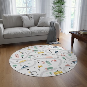 Speels rond tapijt stadsthema voor kinderkamers, kinderkamerinrichting, speelkamer voor kinderen, comfortabel vloerkleed, leuke vloerbedekking