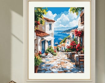 Greek Seaside Village Art Print, Mediterranean Coastal Scene (Digital Download)