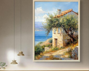 Greek Seaside Village Art Print, Mediterranean Coastal Landscape, Digital Download Art