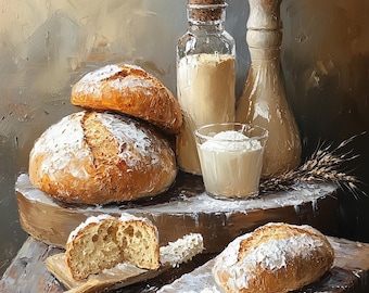 Bread  and Butter - Oil Still Life, Digital Kitchen Wall Art, Bakery Wall art, Oil Painting Rustic Style, Still Life with bread, Kitchen art
