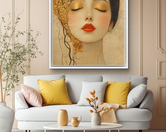 Konsttryck av den gyllene kvinnan, Gustav Klimt-stil, Art Nouveau-porträtt (digital nedladdning), Mode, För skönhetssalonger, Kvinna i guld