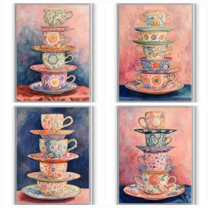 Könnte beinhalten: Vier Aquarelle von Stapeln bunter Teetassen und Untertassen. Jeder Stapel ist in Pyramidenform angeordnet, wobei die größte Untertasse unten und die kleinste Tasse oben ist. Die Tassen und Untertassen sind mit floralen und geometrischen Mustern verziert.
