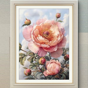 May include: A painting depicting a pink peony flower against a light blue background. The flower is in full bloom and has a delicate, feminine appearance.
