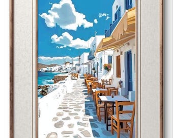 Ein griechisches Insel Café Print – Mediterrane Küsten-Kunst (Digitaler Download)