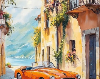 Italian Riviera Art Print, Vintage Car, Mediterranean Landscape (Digital Download)