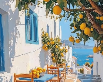 May include: An outdoor scene with a white building, blue window frames, and a blue table with wooden chairs. Lemon trees with bright yellow fruit hang overhead. The scene overlooks a blue sea and distant buildings.