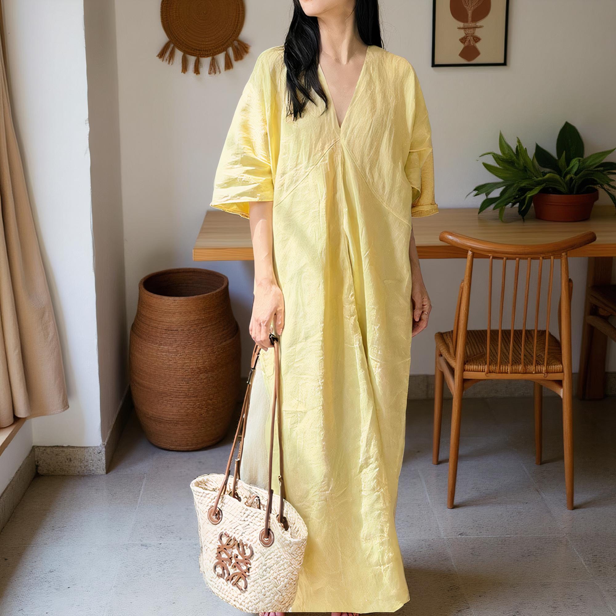 Butter Yellow Linen Maxi Dress: Wide Sleeve V-Neck Kaftan Butter Yellow Linen Maxi Dress: Wide Sleeve V-Neck Kaftan