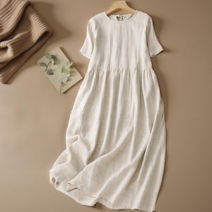 Cotton Linen Summer Midi Dress – Elegant Japanese-Inspired A-Line Dress with Tie Back – Natural Fabric Soft Flowy Dress for Women