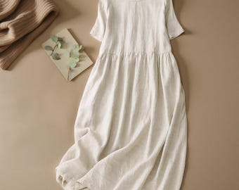 Cotton Linen Summer Midi Dress – Elegant Japanese-Inspired A-Line Dress with Tie Back – Natural Fabric Soft Flowy Dress for Women