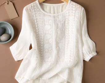 Floral Embroidered Cotton Linen Blouse – O Neck 3/4 Sleeve Boho Tunic Top, Pom Trim Summer Shirt, Loose Fit Casual Blouse for Wome