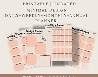 Könnte beinhalten: Druckbarer, undatierter Planer im minimalistischen Design mit Tages-, Wochen-, Monats- und Jahreslayouts. Der Planer enthält Abschnitte für jeden Wochentag, Monat und Jahr mit Platz für Notizen. Das Farbschema ist ein weiches Pfirsich und Creme.