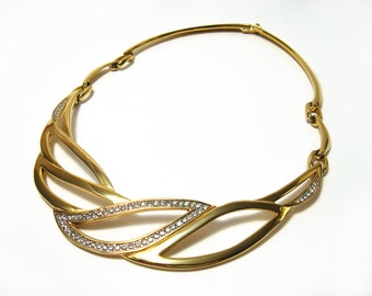 Vintage Monet Necklace Choker Gold Tone Clear Rhinestone Linked Bib Necklace