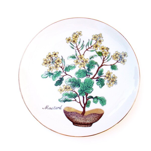 Vintage Decorative Plate with Mustard Plant Green Leaves Yellow Flowers Motif Botanical Print