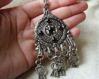 Vintage large necklace medallion pendant with metal dangles red cabochons gypsy boho tribal bohemian