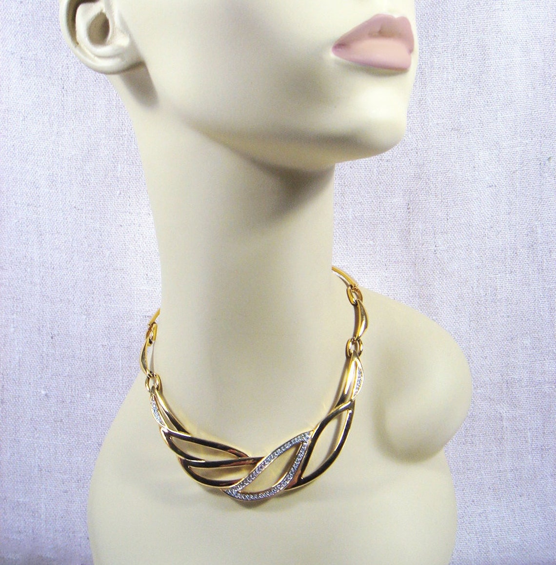 Vintage Necklace Choker Gold Tone Clear Rhinestone Etsy