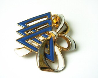 Vintage 1940s Silson Signed YWCA Rare Patriotic Pin Brooch Enameled Blue White Goldtone Triangles Ribbon Bow