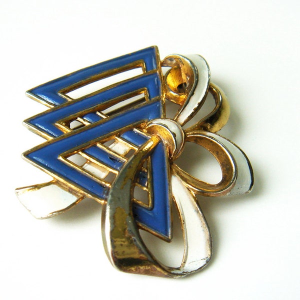 Vintage 1940s Silson Signed YWCA Rare Patriotic Pin Brooch Enameled Blue White Goldtone Triangles Ribbon Bow