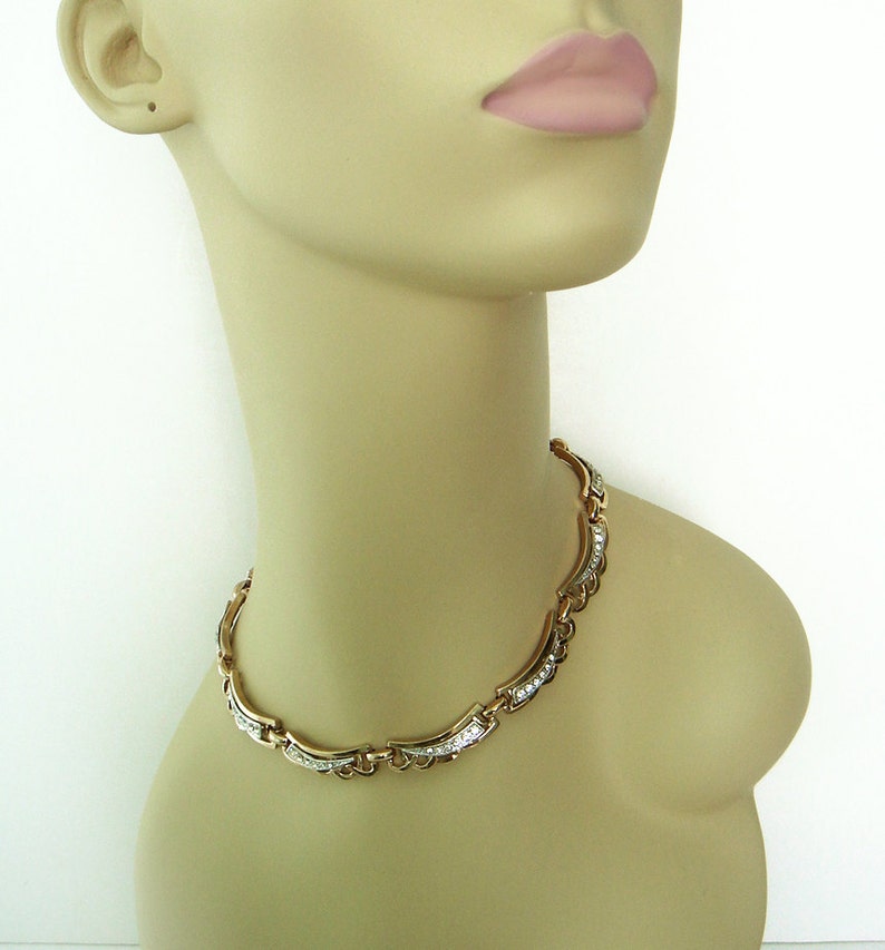 Vintage Barclay signed Necklace Choker Gold and Silver Tone Clear Rhinestone linked necklace 1940's image 4