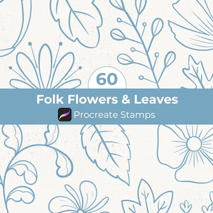 May include: A digital illustration featuring a collection of 60 folk flowers and leaves in a light blue color, set against a textured off-white background. The design includes various floral and leaf shapes, with the text "Folk Flowers & Leaves" and "Procreate Stamps".