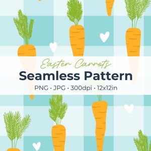 Könnte beinhalten: Nahtloses Muster mit orangefarbenen Karotten mit grünen Spitzen und weißen Herzen auf hellblau-weiß kariertem Hintergrund. Der Text "Easter Carrots Seamless Pattern" wird angezeigt.