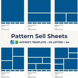 May include: A digital template set titled Pattern Sell Sheets featuring six distinct layouts with blue rectangular placeholders for images, text fields for collection names, SKU, dimensions, and artist contact information, compatible with Affinity.