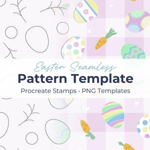 Può includere: Modello di motivo senza cuciture a tema pasquale con uova di Pasqua e carote colorate. L'immagine include il testo "Easter Seamless Pattern Template" e "Procreate Stamps • PNG Templates". I motivi sono su uno sfondo bianco e rosa.