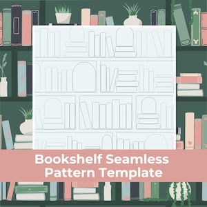 May include: A seamless pattern template featuring a bookshelf design with a light blue background and dark blue dotted outlines of books and shelves. The text Bookshelf Seamless Pattern Template is printed in white on a pink horizontal banner.
