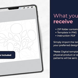Peut inclure: Un mod&egrave;le num&eacute;rique affich&eacute; sur un &eacute;cran de tablette, pr&eacute;sentant un motif floral en noir et blanc. L'&eacute;cran affiche &eacute;galement le texte "Instructions incluses". Le texte sur le c&ocirc;t&eacute; droit indique "Ce que vous recevrez" et liste les fichiers inclus.